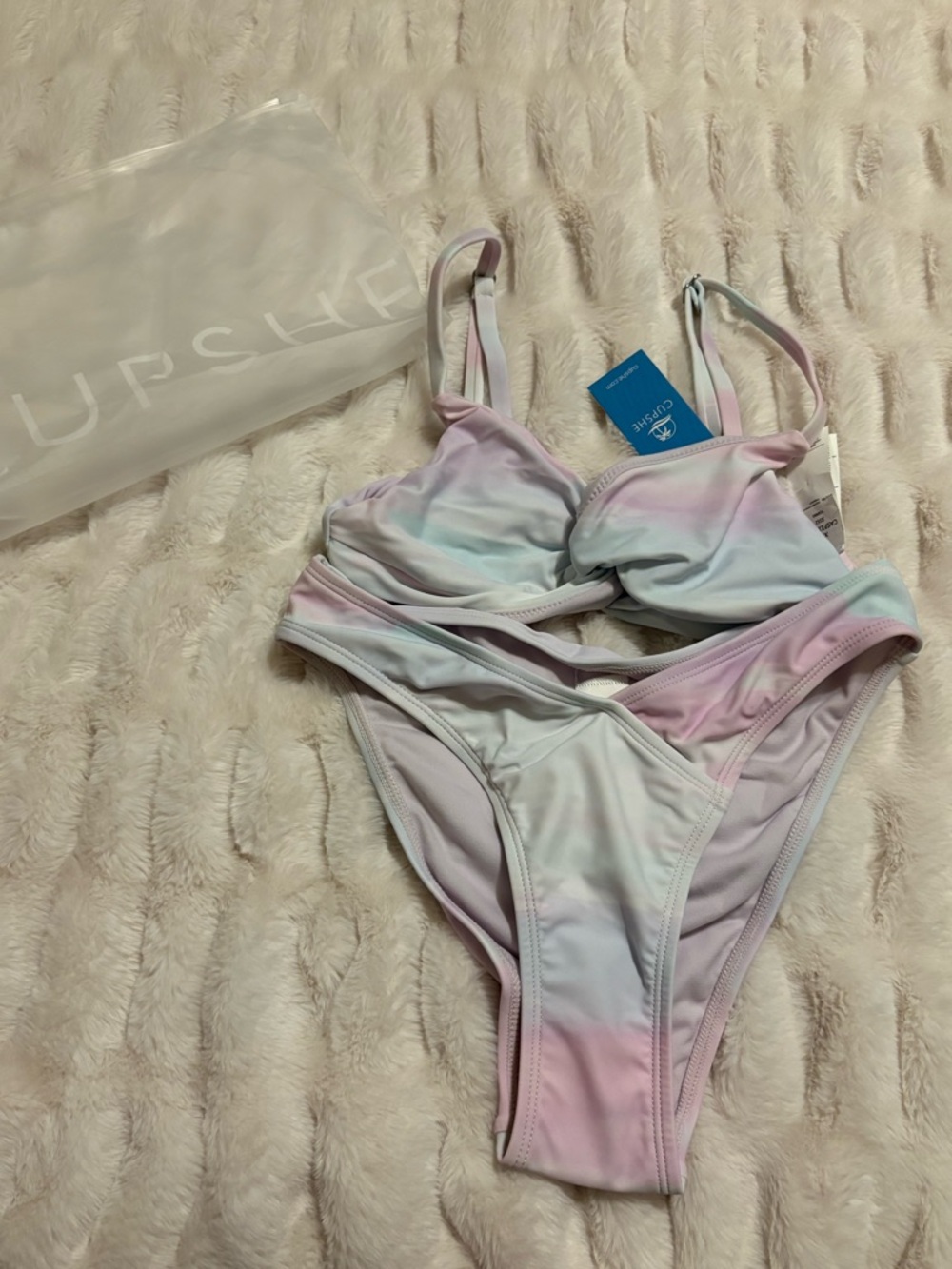 NWT Cupshe Pastel Tie-Dye Knot Front Bikini Top - Pink, Blue, White